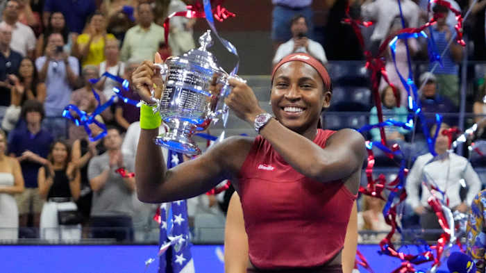 Coco Gauff celebrates her first Grand Slam win at the U.S. Open final.